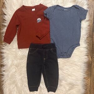 Carter’s Baby Boy 9M 3pc Rust Sweatshirt Striped Bodysuit & Jogger Jeans Set